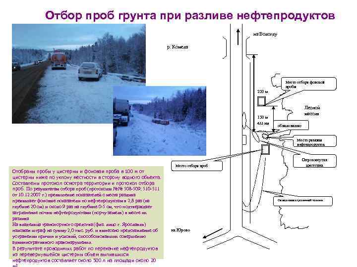 Отбор проб грунта при разливе нефтепродуктов на Вологду р. Комела 250 м Место отбора