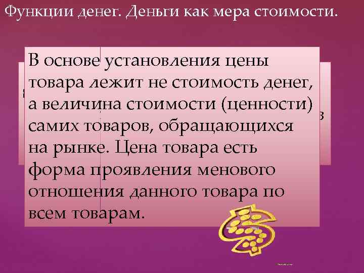 Функции денег. Деньги как мера стоимости. В основе установления цены товара лежит не стоимость