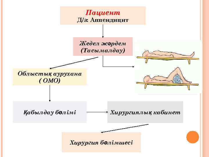 Пациент Д/з: Аппендицит Жедел жәрдем (Тасымалдау) Облыстық аурухана ( ОМО) Қабылдау бөлімі Хирургиялық кабинет