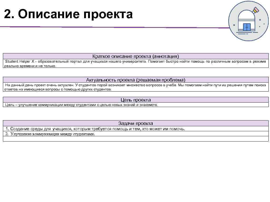 2. Описание проекта Краткое описание проекта (аннотация) Student Helper X - образовательный портал для