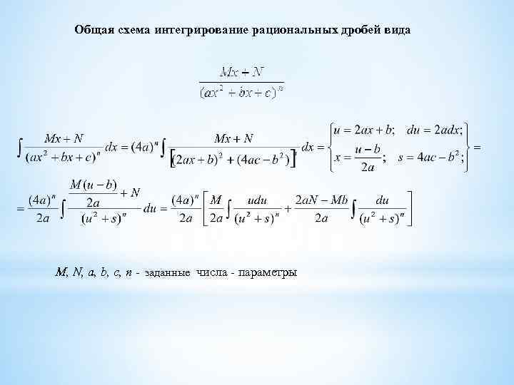 Общая схема интегрирование рациональных дробей вида M, N, a, b, c, n - заданные