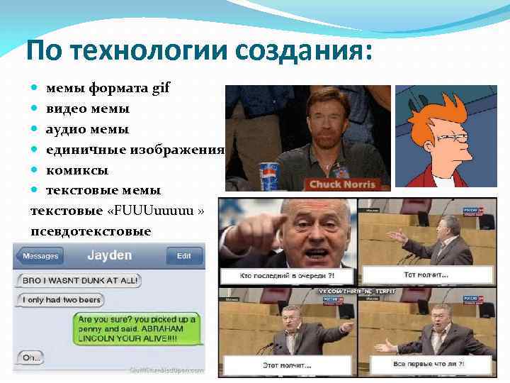 По технологии создания: мемы формата gif видео мемы аудио мемы единичные изображения комиксы текстовые