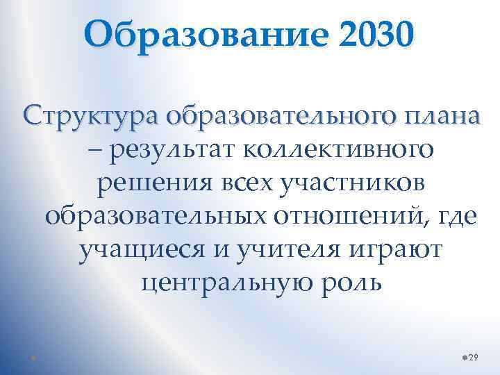 Образование 2030 Структура образовательного плана – результат коллективного решения всех участников образовательных отношений, где