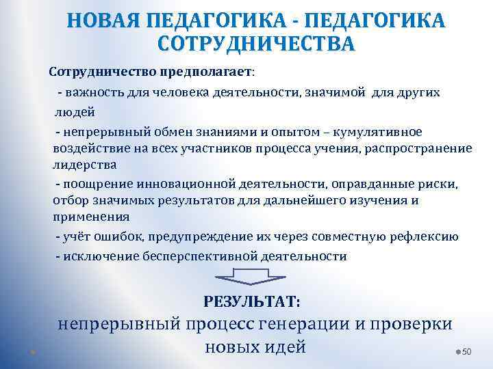 НОВАЯ ПЕДАГОГИКА - ПЕДАГОГИКА СОТРУДНИЧЕСТВА Сотрудничество предполагает: - важность для человека деятельности, значимой для