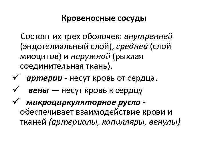 Кровеносные сосуды Состоят их трех оболочек: внутренней (эндотелиальный слой), средней (слой миоцитов) и наружной