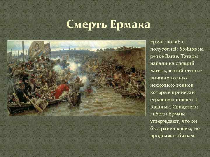 Смерть Ермака Ермак погиб с полусотней бойцов на речке Вагае. Татары напали на спящий