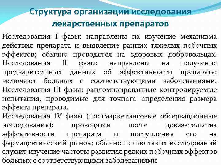 Структура организации исследования лекарственных препаратов Исследования I фазы: направлены на изучение механизма действия препарата