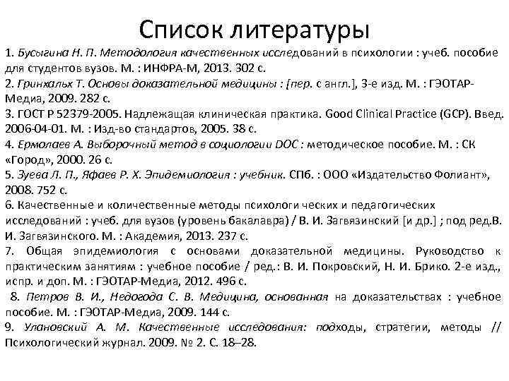 Список литературы 1. Бусыгина Н. П. Методология качественных исследований в психологии : учеб. пособие