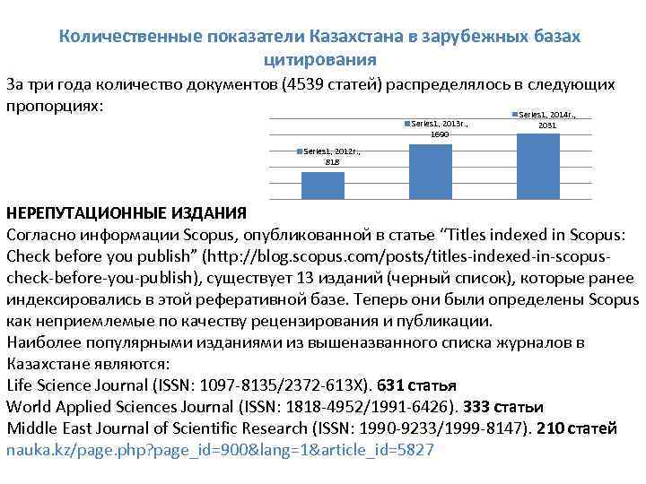 Количественные показатели Казахстана в зарубежных базах цитирования За три года количество документов (4539 статей)