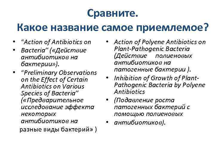 Сравните. Какое название самое приемлемое? • “Action of Antibiotics on • Bacteria” ( «Действие