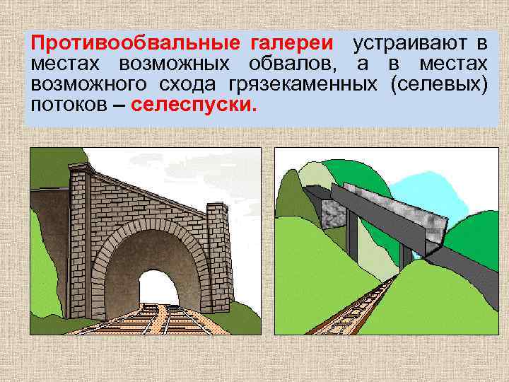 Противообвальные галереи устраивают в местах возможных обвалов, а в местах возможного схода грязекаменных (селевых)