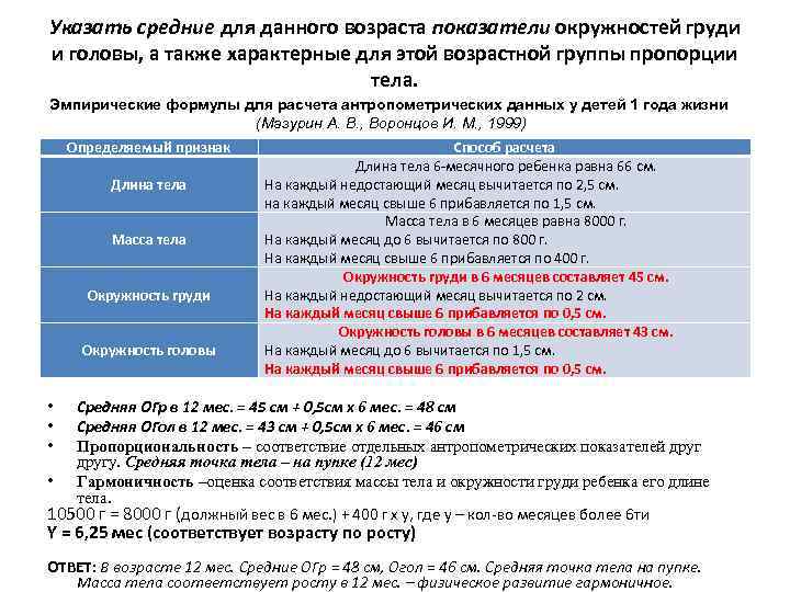 Указать средние для данного возраста показатели окружностей груди и головы, а также характерные для