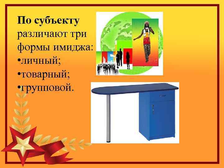По субъекту различают три формы имиджа: • личный; • товарный; • групповой. 