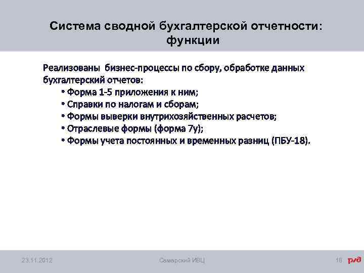 Система сводной бухгалтерской отчетности: функции Реализованы бизнес-процессы по сбору, обработке данных бухгалтерский отчетов: •