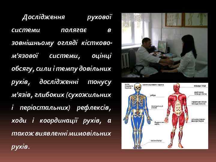 Дослідження системи рухової полягає в зовнішньому огляді кістковом'язової системи, оцінці обсягу, сили і темпу