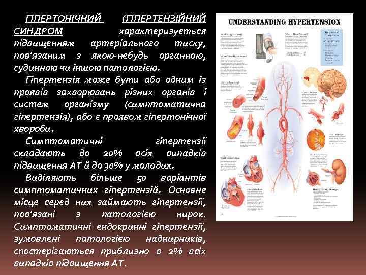 ГІПЕРТОНІЧНИЙ (ГІПЕРТЕНЗІЙНИЙ СИНДРОМ характеризується підвищенням артеріального тиску, пов'язаним з якою-небудь органною, судинною чи іншою