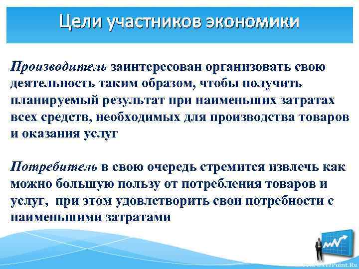 Цели участников экономики Производитель заинтересован организовать свою деятельность таким образом, чтобы получить планируемый результат