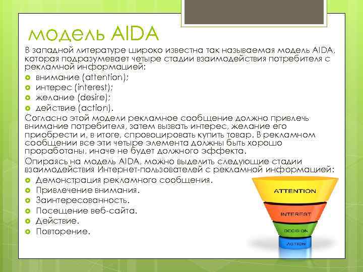 модель АIDА В западной литературе широко известна так называемая модель АIDА, которая подразумевает четыре