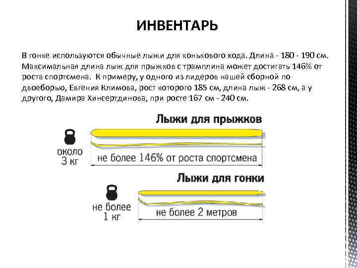 ИНВЕНТАРЬ В гонке используются обычные лыжи для конькового хода. Длина - 180 - 190