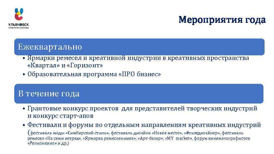 Мероприятия года Ежеквартально • Ярмарки ремесел и креативной индустрии в креативных пространства «Квартал» и