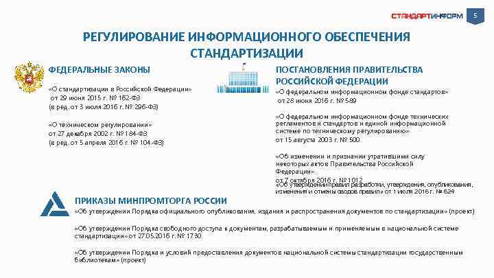 5 РЕГУЛИРОВАНИЕ ИНФОРМАЦИОННОГО ОБЕСПЕЧЕНИЯ СТАНДАРТИЗАЦИИ ФЕДЕРАЛЬНЫЕ ЗАКОНЫ «О стандартизации в Российской Федерации» от 29