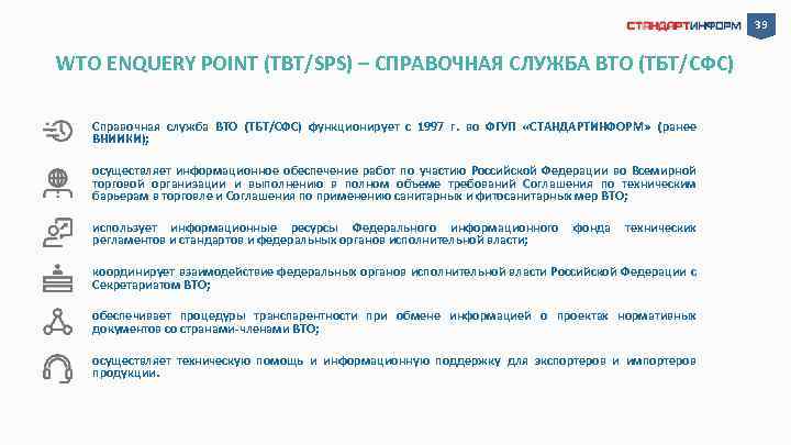 39 WTO ENQUERY POINT (TBT/SPS) – СПРАВОЧНАЯ СЛУЖБА ВТО (ТБТ/СФС) Справочная служба ВТО (ТБТ/СФС)