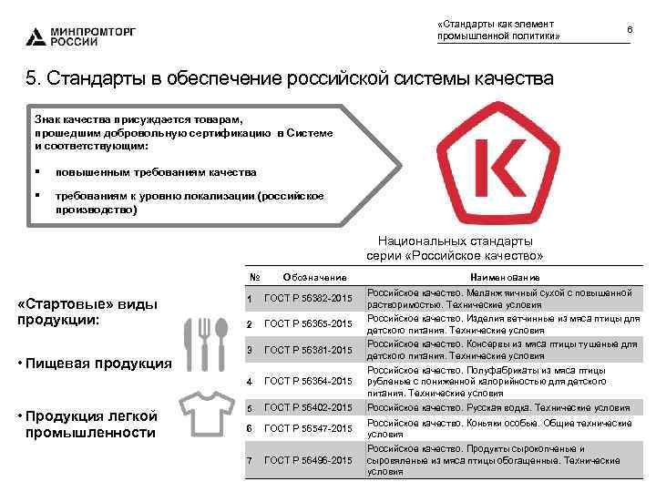  «Стандарты как элемент промышленной политики» 6 5. Стандарты в обеспечение российской системы качества