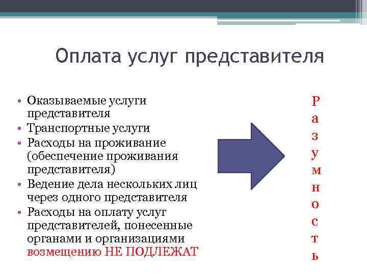 Оплата услуг представителя • Оказываемые услуги представителя • Транспортные услуги • Расходы на проживание