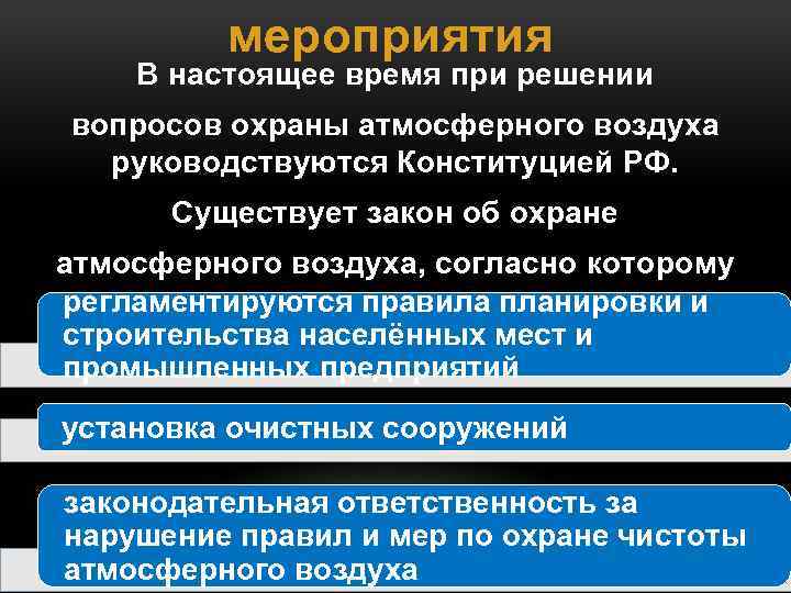 мероприятия В настоящее время при решении вопросов охраны атмосферного воздуха руководствуются Конституцией РФ. Существует