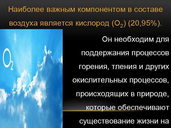 Наиболее важным компонентом в составе воздуха является кислород (О 2) (20, 95%). Он необходим