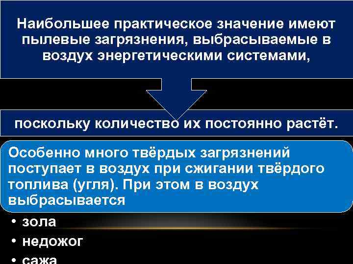 Наибольшее практическое значение имеют пылевые загрязнения, выбрасываемые в воздух энергетическими системами, поскольку количество их