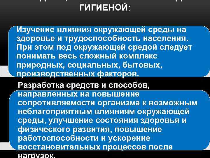 ЗАДАЧИ, КОТОРЫЕ СТОЯТ ПЕРЕД ГИГИЕНОЙ: Изучение влияния окружающей среды на здоровье и трудоспособность населения.