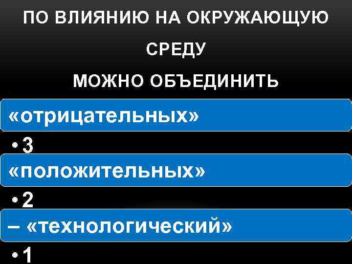 ПО ВЛИЯНИЮ НА ОКРУЖАЮЩУЮ СРЕДУ МОЖНО ОБЪЕДИНИТЬ «отрицательных» • 3 «положительных» • 2 –