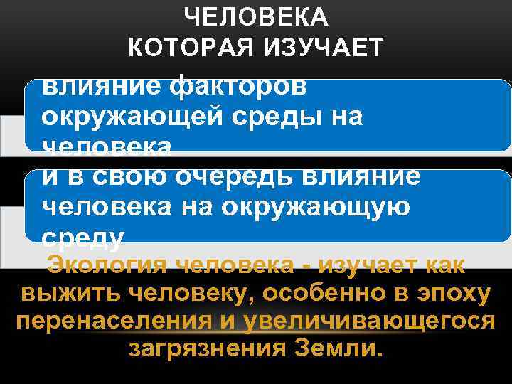 ЧЕЛОВЕКА КОТОРАЯ ИЗУЧАЕТ влияние факторов окружающей среды на человека и в свою очередь влияние