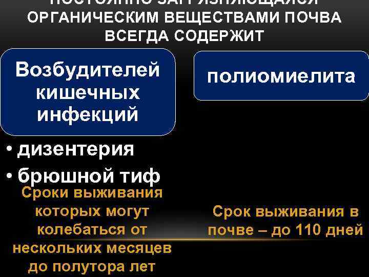 ПОСТОЯННО ЗАГРЯЗНЯЮЩАЯСЯ ОРГАНИЧЕСКИМ ВЕЩЕСТВАМИ ПОЧВА ВСЕГДА СОДЕРЖИТ Возбудителей кишечных инфекций полиомиелита • дизентерия •