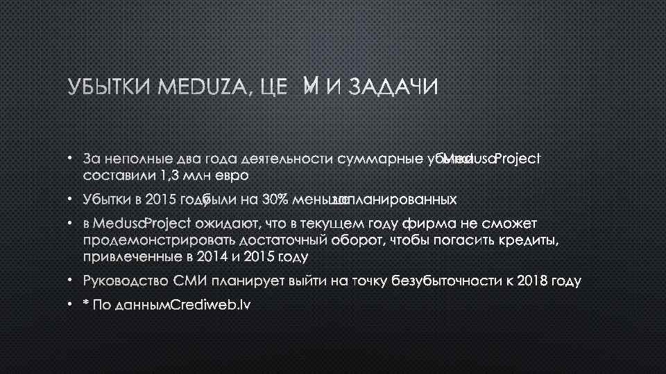 УБЫТКИ MEDUZA, ЦЕЛИ И ЗАДАЧИ • • • * ПО ДАННЫМ 