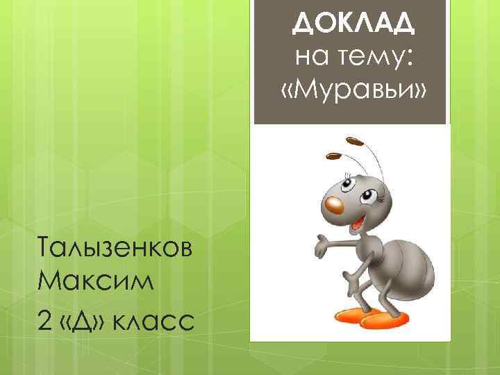 ДОКЛАД на тему: «Муравьи» Талызенков Максим 2 «Д» класс 
