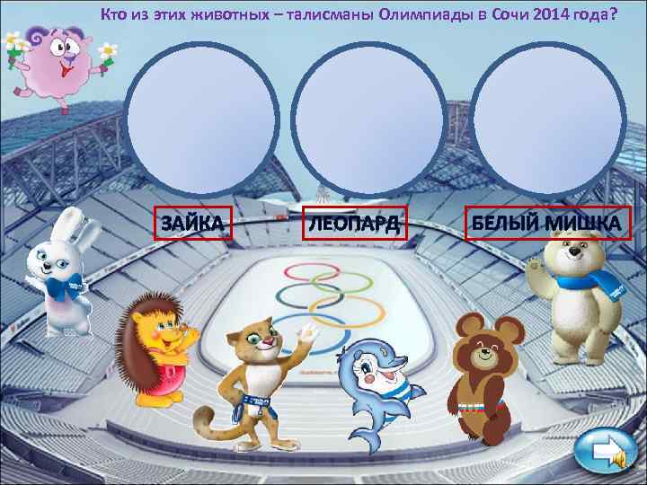 Кто из этих животных – талисманы Олимпиады в Сочи 2014 года? ЗАЙКА ЛЕОПАРД БЕЛЫЙ