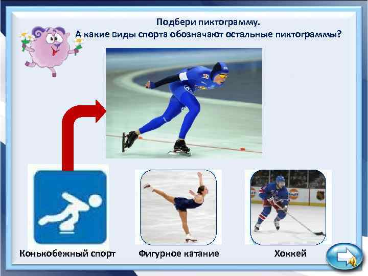 Подбери пиктограмму. А какие виды спорта обозначают остальные пиктограммы? Конькобежный спорт Фигурное катание Хоккей