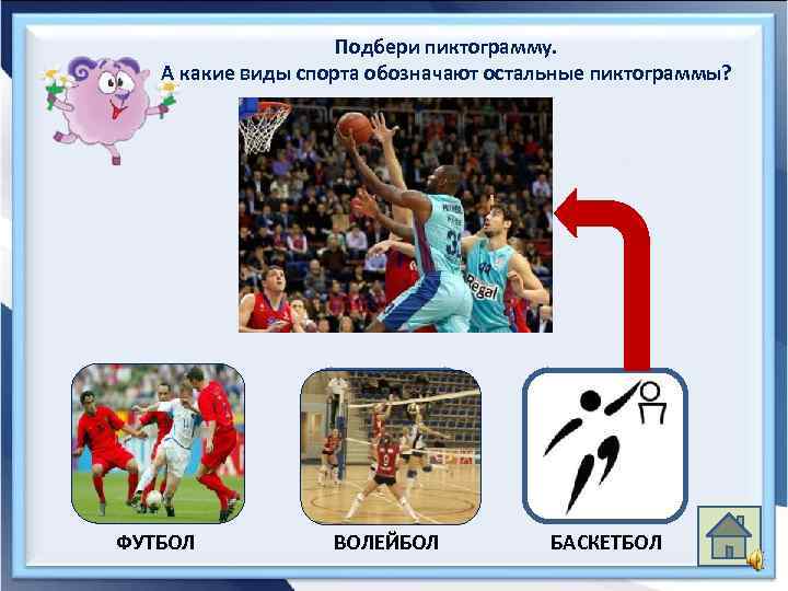 Подбери пиктограмму. А какие виды спорта обозначают остальные пиктограммы? ФУТБОЛ ВОЛЕЙБОЛ БАСКЕТБОЛ 