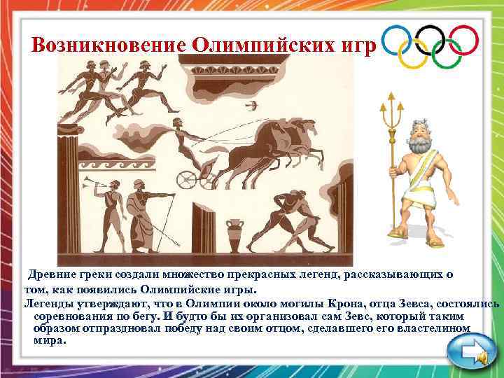Возникновение Олимпийских игр Древние греки создали множество прекрасных легенд, рассказывающих о том, как появились
