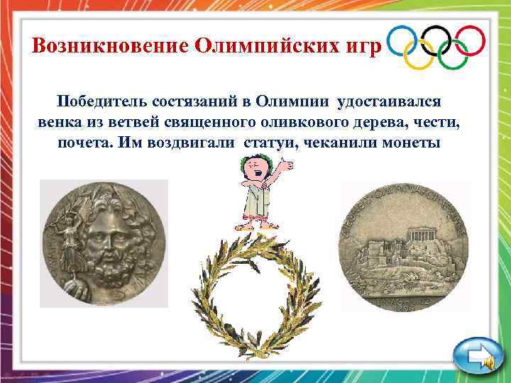 Возникновение Олимпийских игр Победитель состязаний в Олимпии удостаивался венка из ветвей священного оливкового дерева,