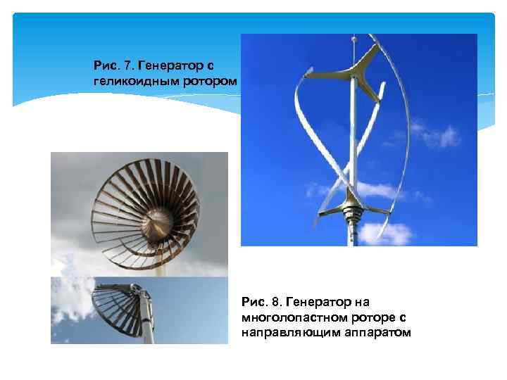 Рис. 7. Генератор с геликоидным ротором Рис. 8. Генератор на многолопастном роторе с направляющим