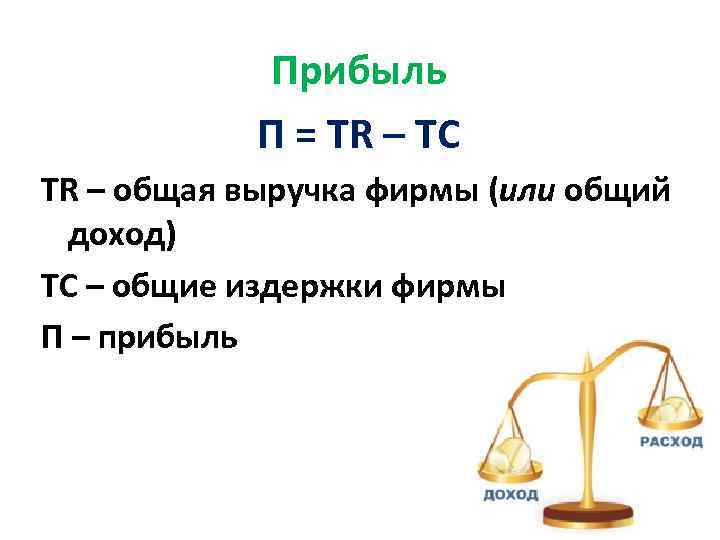Прибыль П = TR – TC TR – общая выручка фирмы (или общий доход)