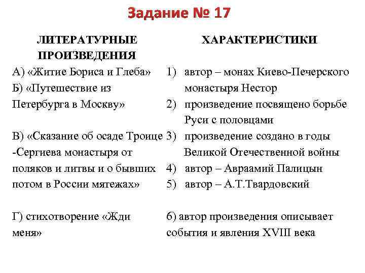 Задание № 17 ЛИТЕРАТУРНЫЕ ПРОИЗВЕДЕНИЯ А) «Житие Бориса и Глеба» Б) «Путешествие из Петербурга