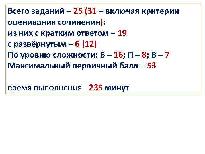 Всего заданий – 25 (31 – включая критерии оценивания сочинения): из них с кратким