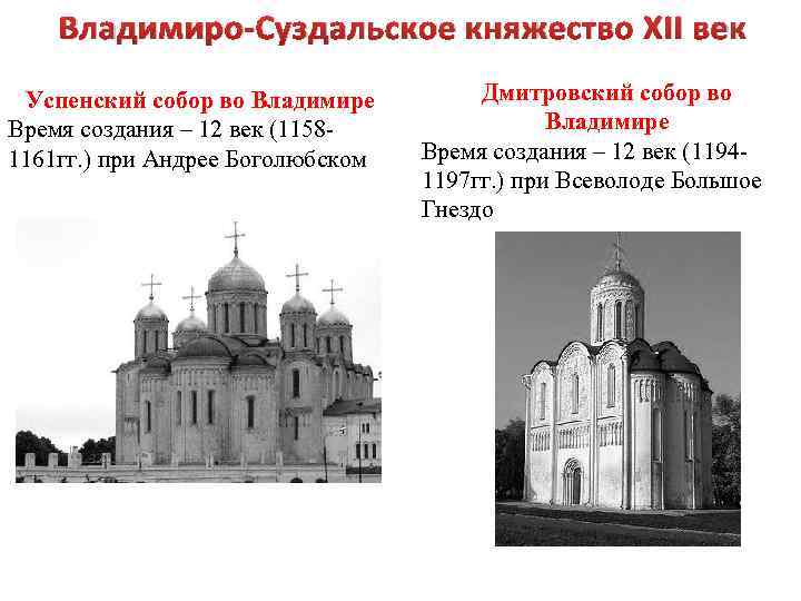 Владимиро-Суздальское княжество XII век Успенский собор во Владимире Время создания – 12 век (11581161