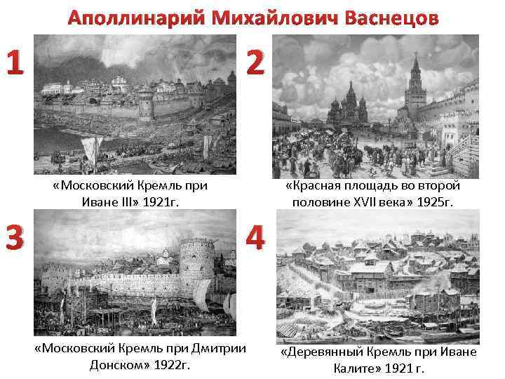 Аполлинарий Михайлович Васнецов 1 2 «Московский Кремль при Иване III» 1921 г. 3 «Красная