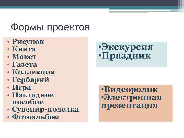 Формы проектов • • Рисунок Книга Макет Газета Коллекция Гербарий Игра Наглядное пособие •