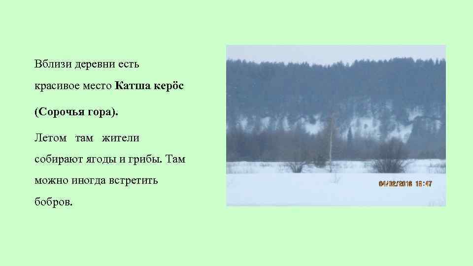 Вблизи деревни есть красивое место Катша керӧс (Сорочья гора). Летом там жители собирают ягоды